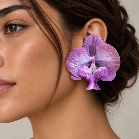 Pendientes Exagerados de Orquídea 3D Grande Flor Simulada Tela de Mezclilla Florales con Poste de Acero Inoxidable Joyería de Moda para Mujer