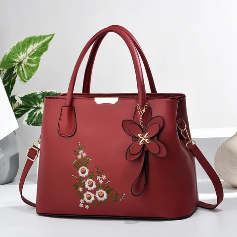 Women Large Capacity PU Leather Tote Handbag With Embroidered Floral Pattern Butterfly Pendant Fashion Shoulder Crossbody Bag