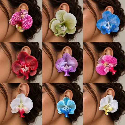 Pendientes Exagerados de Orquídea 3D Grande Flor Simulada Tela de Mezclilla Florales con Poste de Acero Inoxidable Joyería de Moda para Mujer