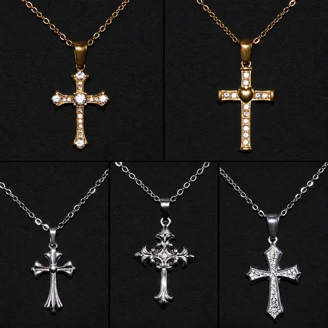 Vintage Stainless Steel Cross Heart Pendant Necklace For Women Men Retro Gothic Rhinestone Inlaid Gold Silver Jewelry Chain