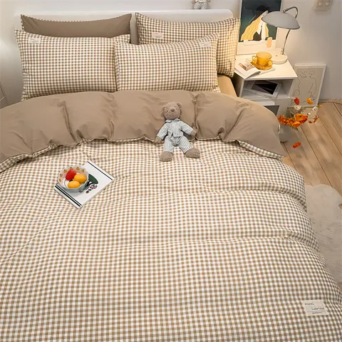 Japanese Minimalist Washed Cotton Bedding Set Plaid Striped Solid Color Duvet Cover Bed Sheet Pillowcase Piece Set For Bedroom Student Dormitory Home Decor