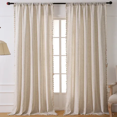 Linen Texture Semi-Blackout Curtain Rod Pocket Solid Color Window Drapes With Tassels For Living Room Bedroom Balcony Home Decor