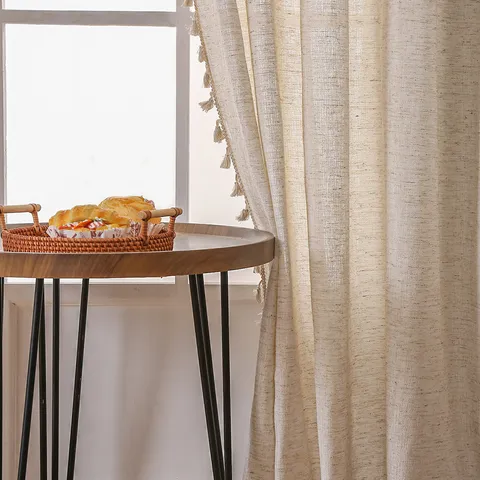 Linen Texture Semi-Blackout Curtain Rod Pocket Solid Color Window Drapes With Tassels For Living Room Bedroom Balcony Home Decor