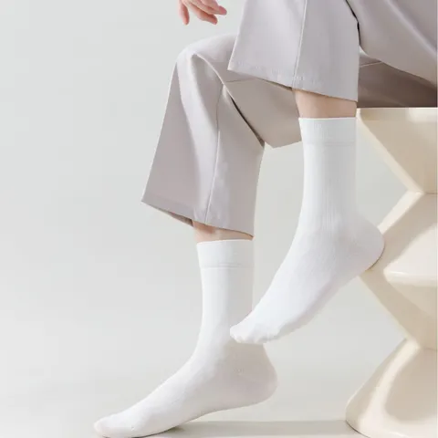 Solid Color Combed Cotton Mid-Calf Socks For Men Women Ribbed Breathable Sweat Absorbent Casual Sport Crew Socks Everyday Comfort