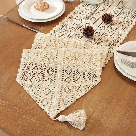 French Vintage Hollow Lace Table Runner Handmade Crochet Cotton Blend Tassel Decor For Dining Table Dresser Shoe Cabinet Runner