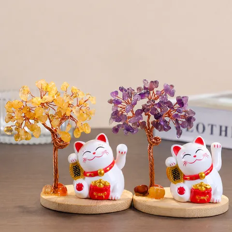 Albero dei Soldi in Cristallo Naturale Con Statuina di Gatto della Fortuna Base in Legno Decorazione da Scrivania Feng Shui Fortuna Regalo