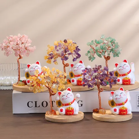 Natural Crystal Money Tree With Lucky Cat Figurine Wooden Base Desktop Feng Shui Decor Wealth Luck Citrine Amethyst Gift