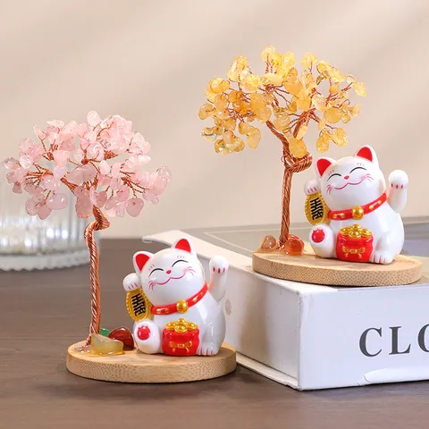 Natural Crystal Money Tree With Lucky Cat Figurine Wooden Base Desktop Feng Shui Decor Wealth Luck Citrine Amethyst Gift