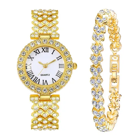 Fashion Women Quartz Watch Rhinestone Roman Numeral Dial Stainless Steel Strap Elegant Dress Wristwatch Jewelry With Bracelet