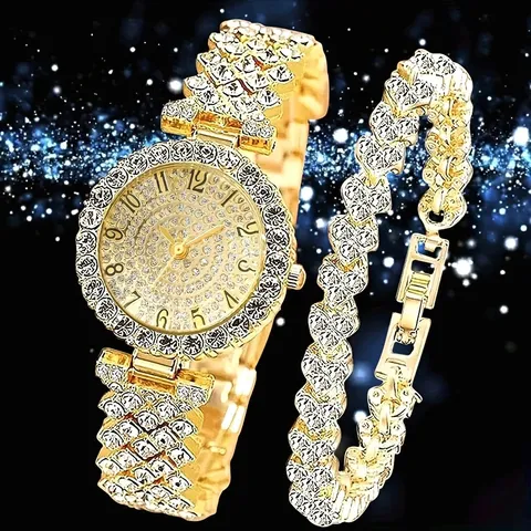Fashion Women Quartz Watch Rhinestone Roman Numeral Dial Stainless Steel Strap Elegant Dress Wristwatch Jewelry With Bracelet