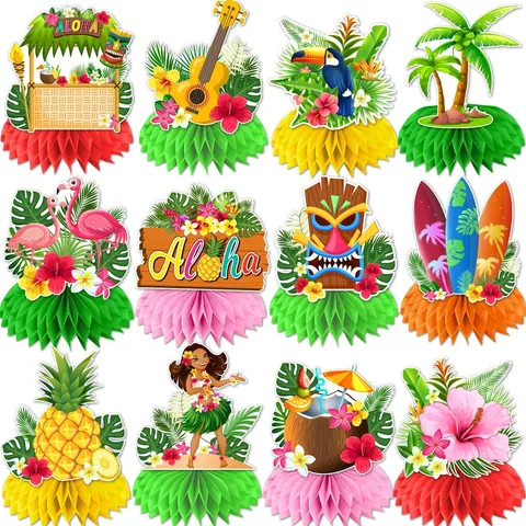 Hawaiian Luau Party Honeycomb Centerpieces Tropical Flamingo Pineapple Palm Tree Tiki Surfboard Paper Decorations