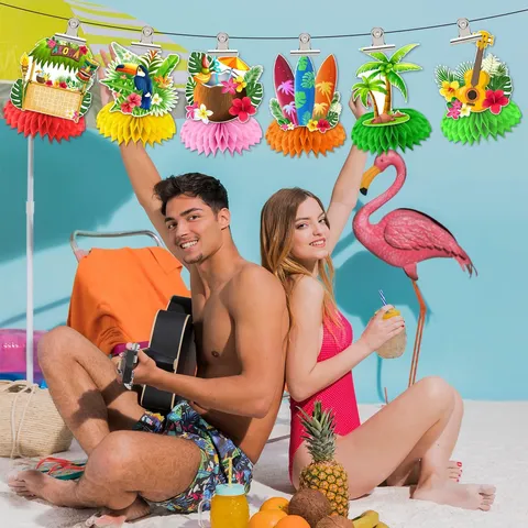 Hawaiian Luau Party Honeycomb Centerpieces Tropical Flamingo Pineapple Palm Tree Tiki Surfboard Paper Decorations