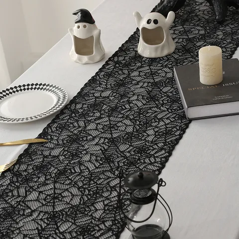 Halloween Black Lace Table Runner Spider Web Ghost Hand Hollow Out Tablecloth For Party Haunted House Home Decoration