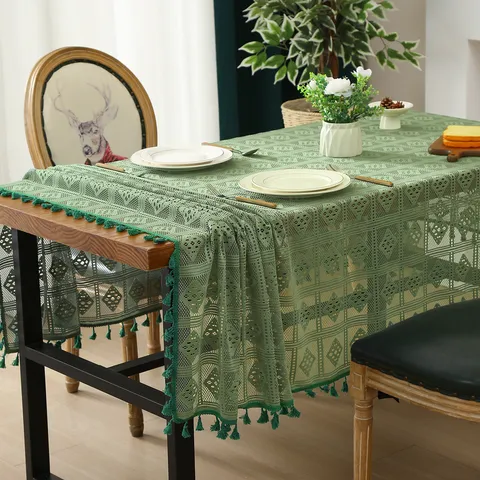 Tovaglia in Pizzo Pastorale Vintage Svuotata in Poliestere Griglia Plaid Rettangolare Quadrata Con Bordo a Nappe Per Arredamento Tavolo Da Pranzo Caffè