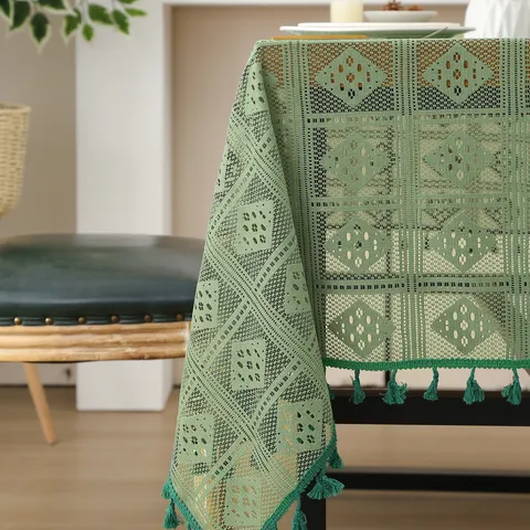 Tovaglia in Pizzo Pastorale Vintage Svuotata in Poliestere Griglia Plaid Rettangolare Quadrata Con Bordo a Nappe Per Arredamento Tavolo Da Pranzo Caffè