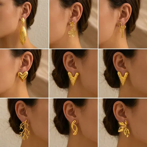 Pendientes de Botón de Acero Inoxidable 304 Irregulares para Mujer Chapados en Oro de 18K Geométricos Textura Martillada Flor Corazón Joyería de Moda