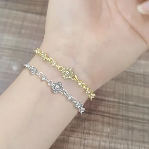 Pulsera de Rombo con Flores de Strass de Aleación para Mujer Lujo Ligero Galvanizado Ajustable Pulsera de Cadena Joyería Accesorio de Moda Elegante