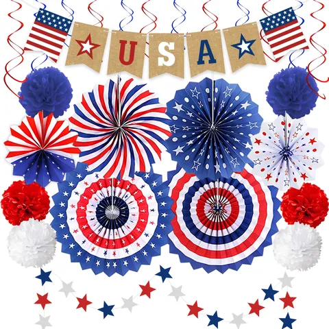 Ensemble De Décorations De Fête Du Jour De L'Indépendance Rouge Blanc Bleu Éventails En Papier Pom Poms USA Bannière En Toile De Jute Spirales Patriotiques