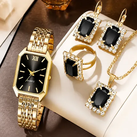 Luxe Dames Quartz Horloge Sieradenset Vierkante Gouden Kast Roestvrijstalen Band Strass Hart Ketting Oorbellen Ringen Modeaccessoires
