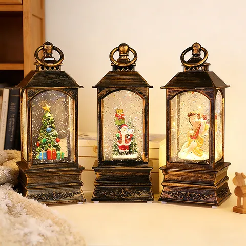 Lanterna ad Acqua di Natale Retrò Carillon Sfera di Neve Babbo Natale Pupazzo di Neve Luce Notturna a LED Ornamento da Scrivania Decorazione Regalo