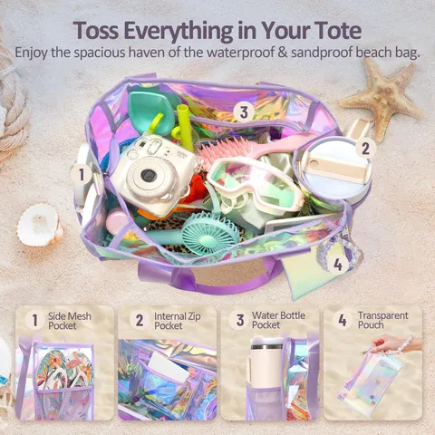 Sac de Plage Imperméable Irisé Arcobaleno Grande Capacité Holographique Sac à Main Avec Fermeture Éclair Pochette Téléphone Femme Piscine