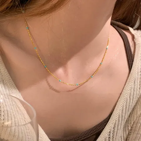 Bohemian Style Minimalist Copper Enamel Olive Bead Necklace For Women Gold Plated Ultra Fine Dainty Choker Jewelry Gift