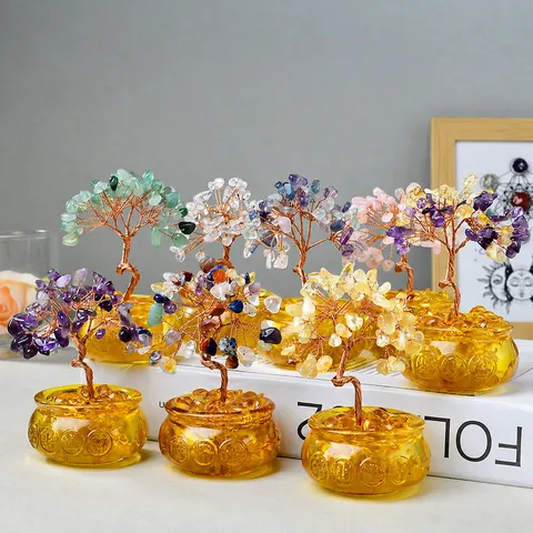 Natural Citrine Crystal Gravel Money Tree Ornament Glazed Ingot Treasure Bowl Base Handmade Copper Wire Winding Feng Shui Tree For Home Office Desktop Decor