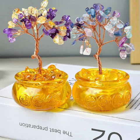 Natural Citrine Crystal Gravel Money Tree Ornament Glazed Ingot Treasure Bowl Base Handmade Copper Wire Winding Feng Shui Tree For Home Office Desktop Decor
