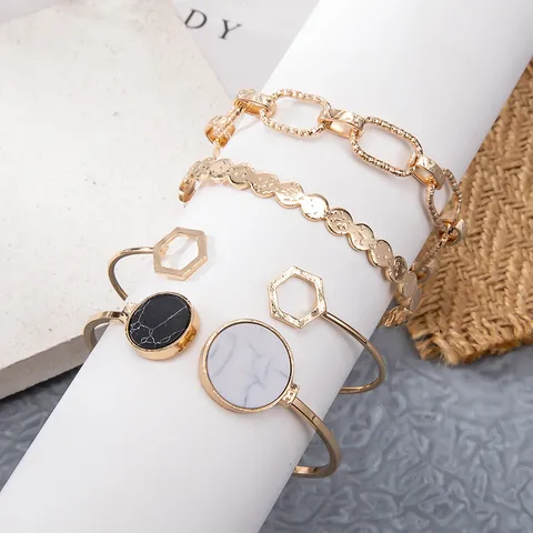 Ensemble de Bracelets en Alliage Vintage pour Femmes Chaîne Épaisse Motif Marbre Bracelet Ouvert Géométrique Bijoux de Mode Électroplaqués