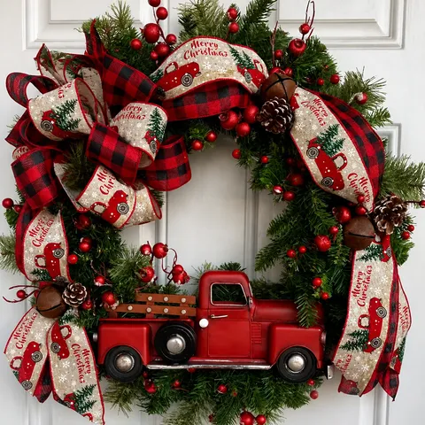 Ghirlanda di Natale Con Camion Rosso Fiocco a Quadri Nastro Pigna Bacca Decorazione Per Porta d'Ingresso Festa Ornamento Festivo