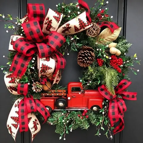 Christmas Wreath With Red Truck Plaid Bow Ribbon Pine Cone Berry Decoration For Front Door Hanging Party Holiday Ornament