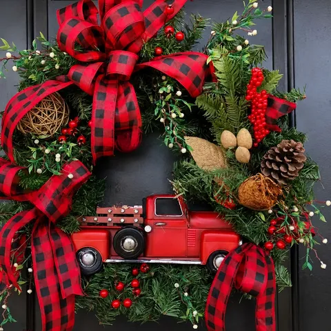 Ghirlanda di Natale Con Camion Rosso Fiocco a Quadri Nastro Pigna Bacca Decorazione Per Porta d'Ingresso Festa Ornamento Festivo