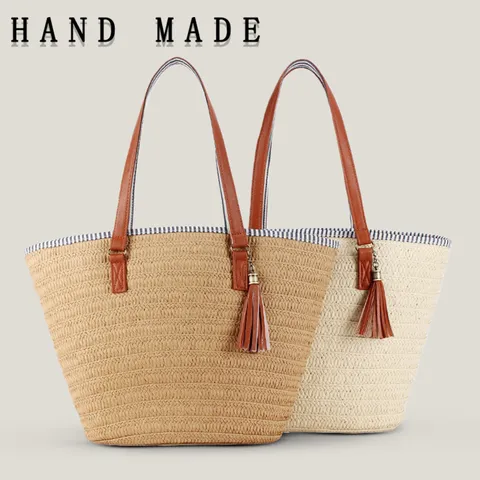 Bolso de Hombro de Papel de Paja Tejido a la Moda para Mujer Bolso de Playa de Gran Capacidad Con Colgante de Borla Estilo Urbano Minimalista