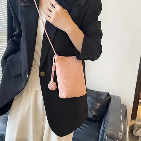 Women's Minimalist PU Leather Crossbody Phone Bag Lychee Texture Small Square Bag With Knot Strap Magnetic Snap Shoulder Bag