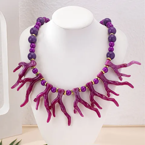 Bohemian Colorful Acrylic Coral Branch Statement Necklace For Women Summer Beach Vacation Beaded Alloy Chunky Necklace Jewelry