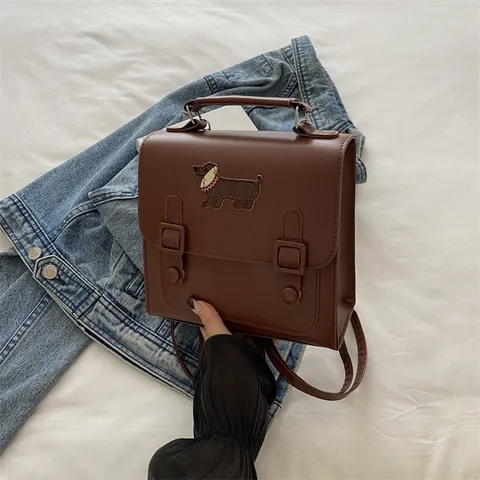 Sac à Dos Vintage en Cuir PU pour Femmes Style Preppy Broderie Chien Chat Petit Sac à Bandoulière Main pour Étudiant Voyage