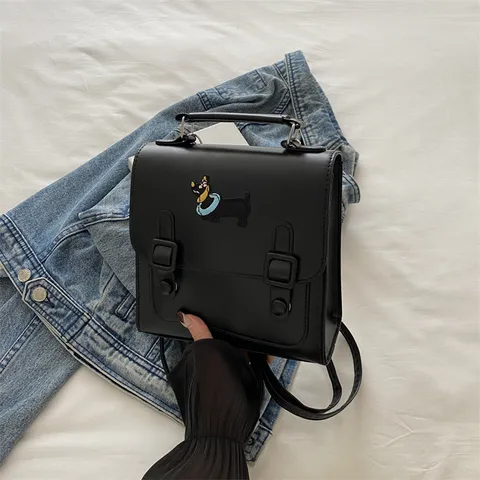 Sac à Dos Vintage en Cuir PU pour Femmes Style Preppy Broderie Chien Chat Petit Sac à Bandoulière Main pour Étudiant Voyage
