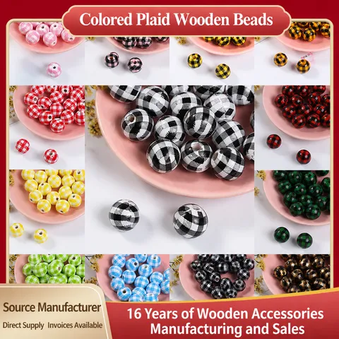 16mm Buffalo Plaid Wooden Beads Round Gingham Painted Wood Spacer Beads For DIY Jewelry Making Christmas Ornament Garland Crafts