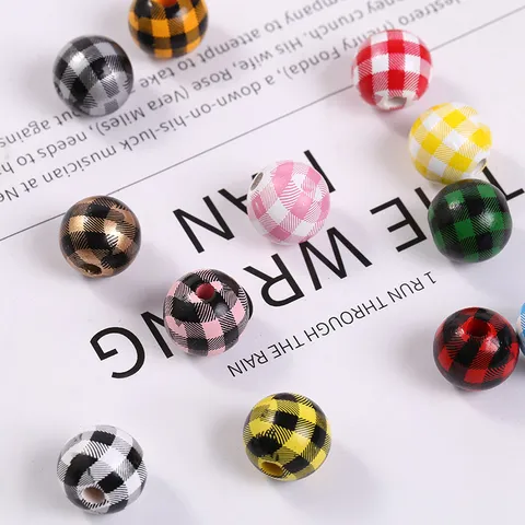 16mm Buffalo Plaid Wooden Beads Round Gingham Painted Wood Spacer Beads For DIY Jewelry Making Christmas Ornament Garland Crafts