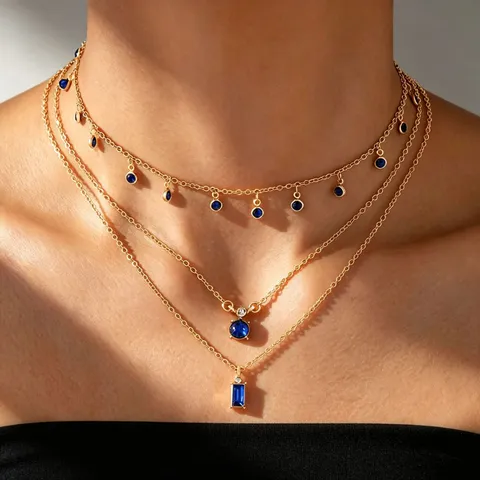 Luxury Alloy Rhinestone Multi-Layer Pendant Necklace For Women Geometric Faux Gemstone Triple Layer Choker Party Jewelry