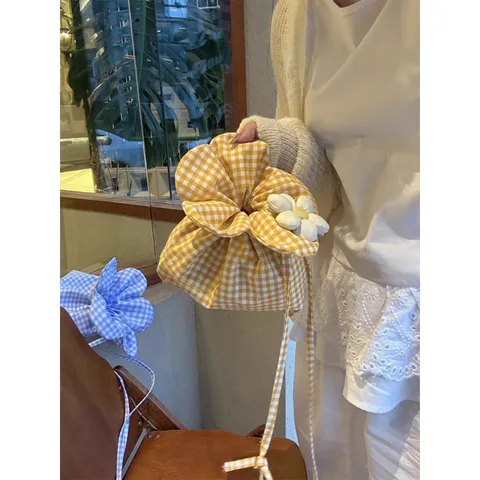 Women Checkered Floral Bucket Bag Polyester Drawstring Shoulder Bag Double Sided Use Large Capacity Pouch Daily Commute Handbag