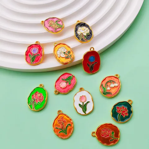Vintage Zinc Alloy Enamel Flower Charms Tulip Rose Lily Pendants For DIY Bracelet Necklace Making Jewelry Findings Women Jewelry