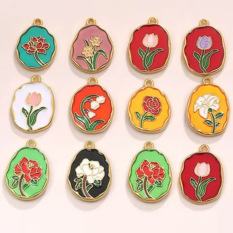 Vintage Zinc Alloy Enamel Flower Charms Tulip Rose Lily Pendants For DIY Bracelet Necklace Making Jewelry Findings Women Jewelry