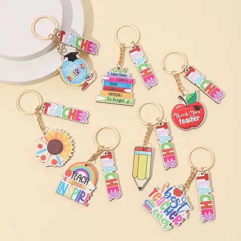 Teacher's Day Wooden Printed Keychain Creative Apple Pencil Book Letter Bag Pendant Appreciation Gift For Teacher