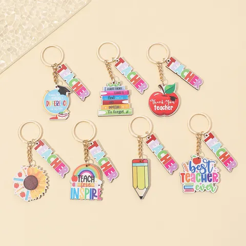 Teacher's Day Wooden Printed Keychain Creative Apple Pencil Book Letter Bag Pendant Appreciation Gift For Teacher