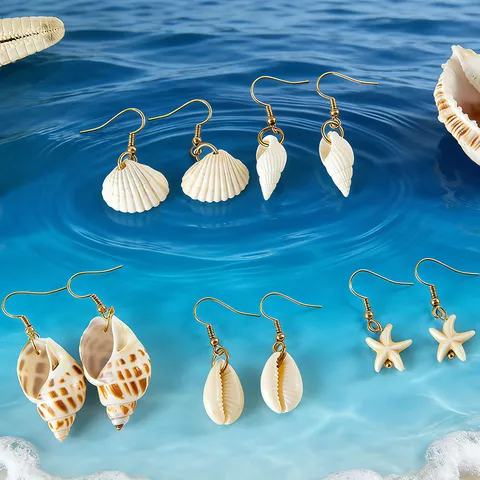 Orecchini a Goccia Bohemien con Conchiglia e Stella Marina Donna Pendenti in Lega Dorata Gioielli per Vacanze al Mare
