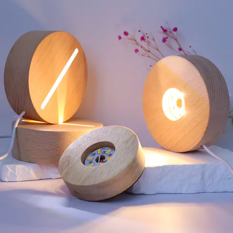 Base en Bois Ronde pour Veilleuse LED Alimentée par USB Support d'Affichage pour Boule de Cristal Artisanat Lumière Chaude Blanche Multicolore pour Décoration
