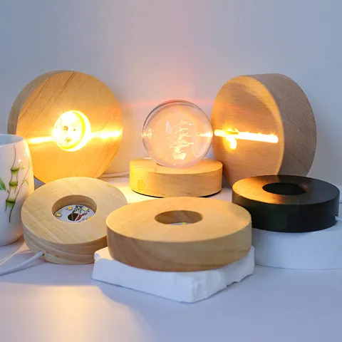 Base en Bois Ronde pour Veilleuse LED Alimentée par USB Support d'Affichage pour Boule de Cristal Artisanat Lumière Chaude Blanche Multicolore pour Décoration