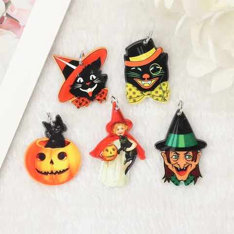 Dubbelzijdige Acryl Halloween Bedeltjes DIY Sieraden Maken Materiaal Voor Oorbellen Ketting Sleutelhanger Retro Kat Pompoen Heks Hangers