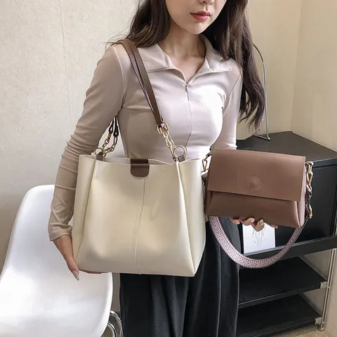 Grote Capaciteit Minimalistische PU Leren Tote Bag Voor Vrouwen Vintage Koreaanse Stijl Schoudertas Met Afneembare Geweven Band